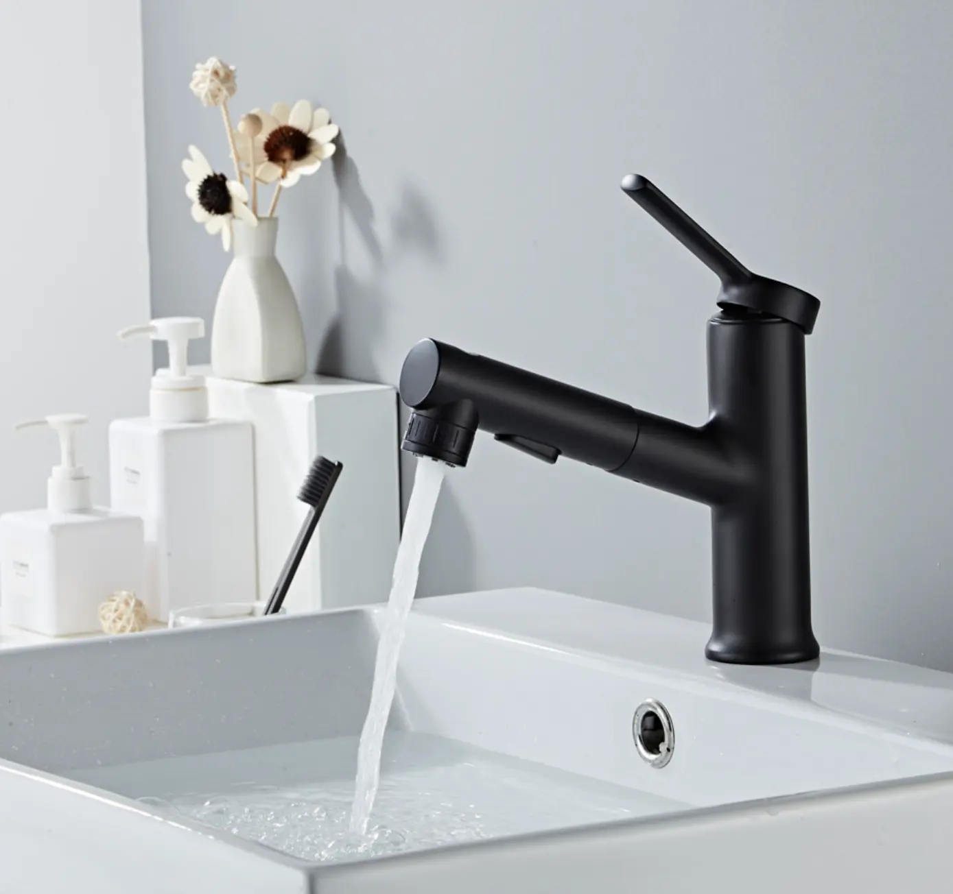 Deck mounted brass single handle black bathroom sink tap pull out basin faucet wash basin sprayer faucet mixer tap