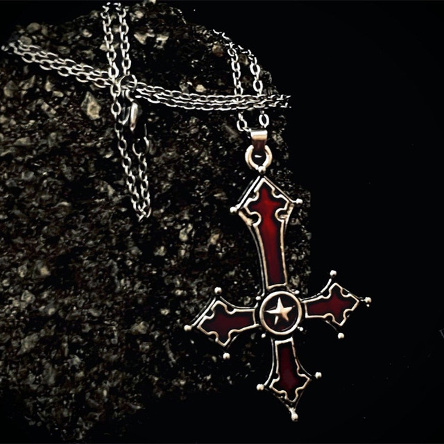 CLBX  Punk Style Blood Red Gothic Inverted Cross Pendant Necklace Cross-Border Jewelry Gothic Ornament