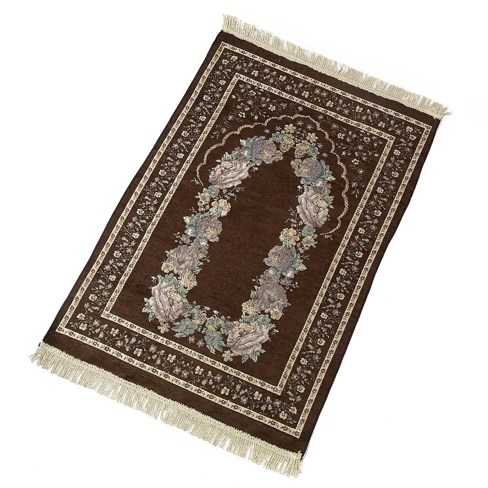 Taşınabilir müslüman dua halısı kalın İslam türk şönil dua Mat Vintage çiçekli yapraklar desen dokuma püskül battaniye