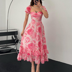 Robe de soirée pour femme en mousseline de soie à imprimé floral de style français, col carré, taille empire, plusieurs couches, respirante, printemps-automne - Product Image 1
