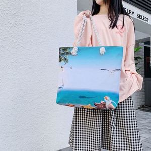 Sac fourre-tout de plage en toile pour femme, grande capacité, motif coquillage mignon, avec corde en chanvre, idéal pour l'été et les voyages - Product Image 3