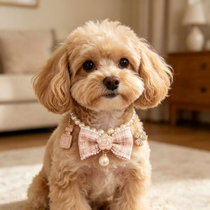 Collar de Tweed con Lazo y Perlas para Mascotas, Diseño Elegante de Flor de Camelia, Transpirable y Ajustable para Perros Pequeños - Product Image 4