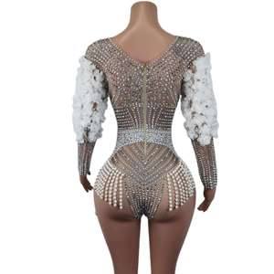Vestidos de Baile Latino de Salón para Mujer, Estilo <span class=keywords><strong>Beyoncé</strong></span>, Super Sexy, con Perlas de Nailon, Pedrería, Flores y Elástico - Product Image 3