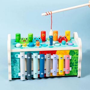 Jouet en bois pour bébé avec reconnaissance des fruits, comprenant un xylophone, un jeu de pêche et un jeu de tape-taupe - Product Image 3