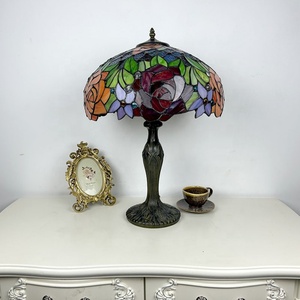 Longhuijing Tiffany Style Table Lamp 16 Inch High Stained Glass Rose Red Lampshade 2E27 Antique Reading <b>Lighting</b> Resin Base - Product Image 2