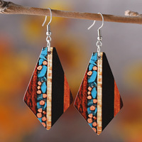UIONEN Pendientes de diamante geométricos de madera hechos a mano con rayas turquesa - Pendientes colgantes de doble cara hipoalergénicos de moda Micro