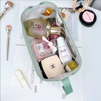 Trousse de Maquillage de Voyage Rose en Nylon, Double Compartiment, Fermeture Éclair, Poignée Supérieure, Légère et Portable