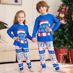 Pyjama bleu parent-enfant pour la maison, style décontracté, avec motif de chapeau de Noël et lettres imprimées, respirant, taille élastique - Product Image 3