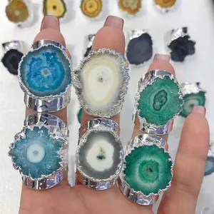 New Arrival Women Fashion Druzy Ring Silver Plated Rainbow Flower Solar Quartz Band Ring Agate Jewelry for Men Amazing Gift