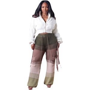 Pantalon décontracté pour femme en tricot color block avec franges crochetées à la main, coupe droite ample, tendance - Product Image 5