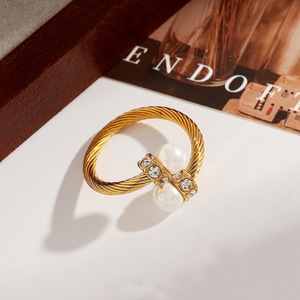 Stainless Steel <b>Ring</b> With Imitation Pearl And Zircon <b>Open</b> Design 18k Gold Plated European Style Women's Fashion Jewelry - Product Image 3