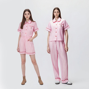 <span class=keywords><strong>Pigiama</strong></span> da <span class=keywords><strong>donna</strong></span> a righe rosa con bottoni, top a maniche corte e pantaloncini con elastico in vita, ideale per casa, vacanze, addio al nubilato - Product Image 1