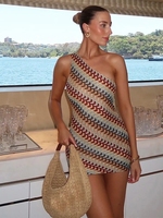 2025 été vacances plage Robes femmes Chic dos nu épaule inclinée coupe ajustée robes irrégulière imprimé tricoté Mini robe