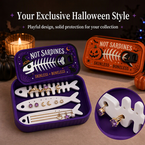 Caja de Joyería Portátil con Diseño de Esqueleto de Pez para Halloween, Organizador de Joyas de Viaje con Forro de Terciopelo para Anillos, Aretes y Pequeños Adornos - Product Image 1
