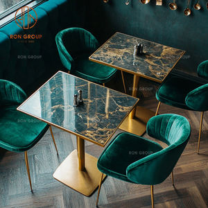 Lüks restoran sandalye ve masa mobilya seti siyah altın damarlı mermer kare masa ve pirinç bacaklar ile zümrüt kadife sandalyeler - Product Image 4