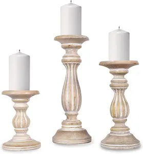 Venta al por mayor candelabros para manto-Portavelas de madera tallada a mano para sala de estar, centro de mesa, sobre un manto, Juego de 3