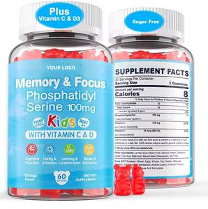 Complément alimentaire en gommes pour enfants, marque privée, pour la concentration et l'attention, avec vitamine C et D3, pour les adolescents - Product Image 1