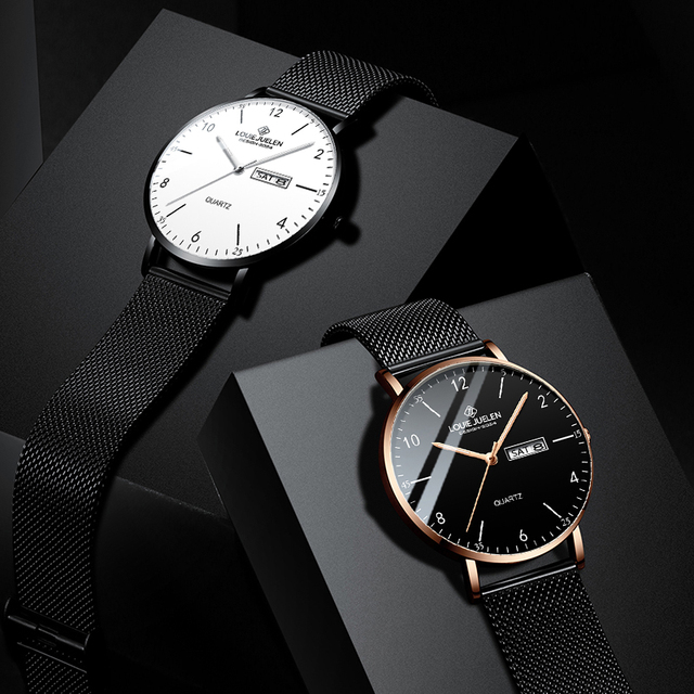 LOUIE JUELEN 541 Classic Men's Watch Big Dial Ultra Thin Dual Calendar Quartz Mesh Steel Wrist Luminous Hands Waterproof Watches