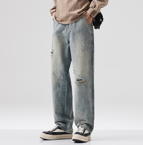Jeans Casuales Versátiles Retro con Agujeros Desgastados para Otoño e Invierno, <span class=keywords><strong>Pantalones</strong></span> <span class=keywords><strong>Largos</strong></span> de Pierna Recta para <span class=keywords><strong>Hombre</strong></span> - Product Image 3