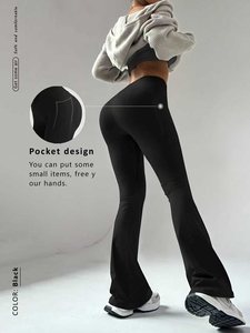 High Waist Flared Leg Yoga <b>Leggings</b> Full Length Solid <b>Black</b> Seamless Four-Way Stretch Elastic Waist - Product Image 3