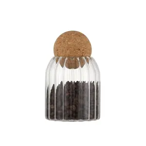 Glass Storage Container with Round Ball Cork Coffee Bean Jar Glass Cork Clear Stripe Bottles with Cork Glass Canisters