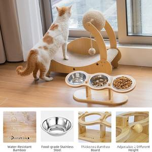 Support de gamelle pour chat en bambou Dorakon, réglable, à trois compartiments, avec bols en acier inoxydable et base en bois - Product Image 5