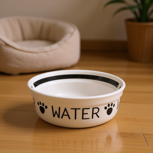 Tazón de Agua para Mascotas de Cerámica, 0.25 L, Blanco con Diseño de Huella Negra, para Perros y Gatos - Product Image 3