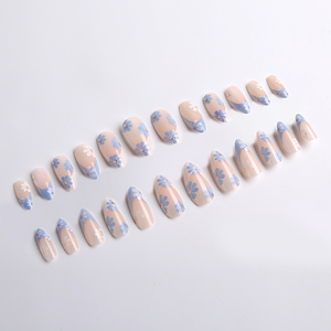 <span class=keywords><strong>Faux</strong></span> ongles réutilisables longs en forme d'amande, <span class=keywords><strong>bleu</strong></span> clair avec motif marguerite blanche, rose nude, à presser pour femmes - Product Image 2