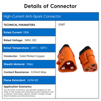 Connecteur anti-étincelles à courant élevé QS8T 130A, 500V CC, borne en cuivre plaqué or, connecteur d'alimentation pour batterie de véhicule électrique et stockage d'énergie