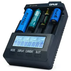 Opus carregador de bateria inteligente, bt-c3100 v2.2, 4 espaços, lcd, para baterias de li-ion nicd nimh 18650 21700