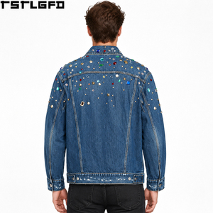 Veste en jean trucker délavée et vieillie personnalisée pour homme, bleue, avec strass colorés, vente en gros - Product Image 2