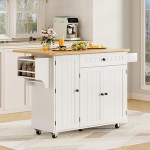 Carrito de Cocina Móvil SENYU con Tablero de Madera Maciza Abatible, Gabinete Blanco, Estante de Almacenamiento, Cajón y Ruedas para Cocina - Product Image 5