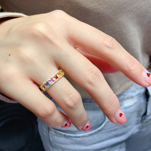 อาซูโอ 18K แหวนทองคำแท้สีเหลืองประดับสายรุ้ง แซฟไฟร์ธรรมชาติ ทรงเจ้าหญิง เพชรแท้ ของขวัญสุดหรูสำหรับเครื่องประดับงานปาร์ตี้ของผู้หญิง - Product Image 6