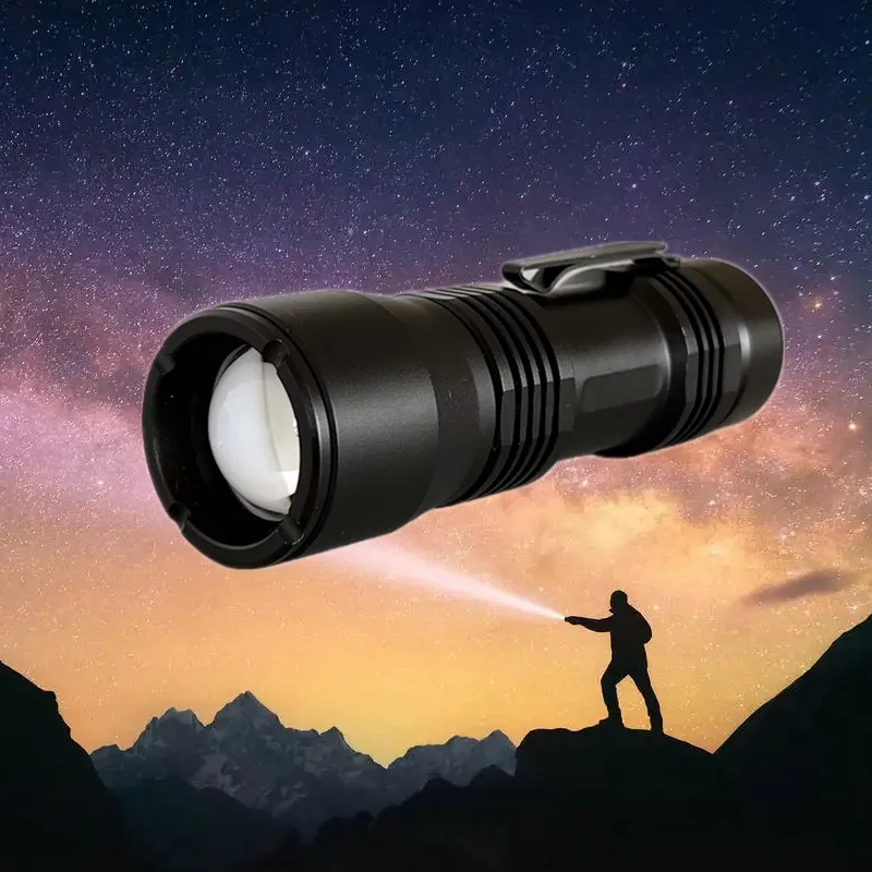Pocket Flashlight with 500 lumen AAA battery telescopic zoom clip for camping hiking LED Flashlight