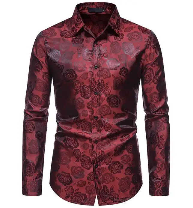 Chemise de luxe à manches longues pour homme, imprimé Rose noir, motif Floral, en soie, pour fête de mariage, vêtements pour hommes