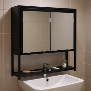 Bathroom <b>Mirror</b> Cabinet Black <b>Rectangle</b> Wall Hanging Fogless Steel Frame for Bathrooms - Product Image 2