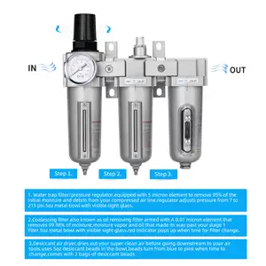 Unité de traitement de l'air pneumatique à 3 étages 1/2 "NPT de qualité industrielle-Régulateurs de filtre à air à coalescence pour filtre à particules