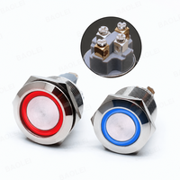 Interrupteur à bouton-poussoir en métal éclairé par LED, étanche IP65, 16 mm, 19 mm, 1NO, 12 V, avec bornes à vis, type à verrouillage, 3A