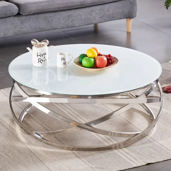 Luxus Center Couch tisch Wohnzimmer Möbel moderne Metall weiß gehärtetes Glas Edelstahl runden verspiegelten Beistell tisch