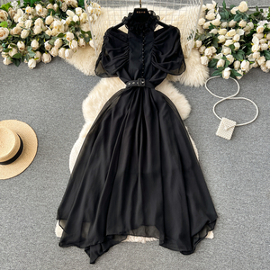 Vestidos de moda para mujer con mangas caladas, cintura ajustada y volantes irregulares - Product Image 3