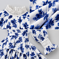 Robe élégante courte à volants superposés pour femme, imprimé floral bleu, manches longues, bordure en dentelle, style bohème, pour soirée, service personnalisé, faible MOQ