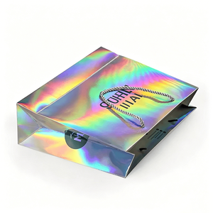 Sacs fourre-tout de luxe pour l'emballage de vêtements de marque, sacs shopping personnalisés en papier holographique irisé avec poignée en corde torsadée - Product Image 2