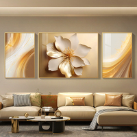 Hochwertiges Abstraktes 3-teiliges Leinwandbild mit Weißen Blumen und Goldblättern, Gedrucktes Blumenmotiv für Wohnzimmer-Dekoration
