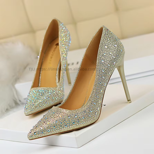 Korean Fashion Women's Shoes Thin Heel Shallow <b>Pointed</b> Sexy Slim Rhinestone Colored High Shoes for Women - Product Image 4