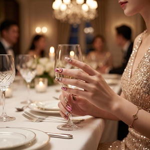Uñas Postizas Acrílicas Hechas a Mano en Rosa Francés y Gris Plateado con Formas Almendradas y Cuadradas, Longitud Media/Corta - Product Image 4