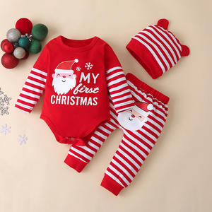 Linda nourrissons <span class=keywords><strong>mon</strong></span> <span class=keywords><strong>premier</strong></span> noël bébé vêtements à manches longues barboteuse rayé pantalon et chapeau 3 pièces bébé vêtements <span class=keywords><strong>de</strong></span> noël - Product Image 6