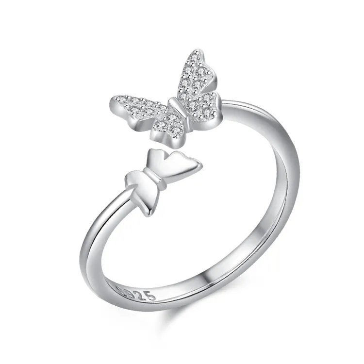 Fine Jewelry 925 стерлингового серебра CZ бриллиант бабочка женская мода открытый регулируемый палец кольцо