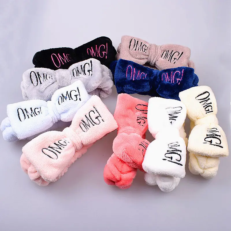 Letter OMG Headbands for Women Girls Bow Wash Face Turban Makeup Elastic Hair Bands Coral Fleece Hair Accessories