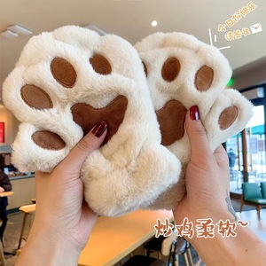Gants en peluche à pattes d'ours pour femmes, gants de cyclisme sans doigts, doublés de polaire, épais et chauds, beige, blanc, gris clair - Product Image 2