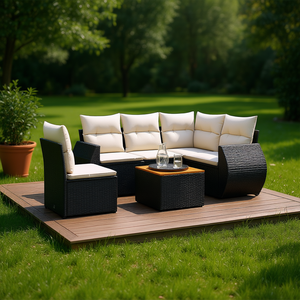 Ensemble de canapés de jardin en crème noire avec structure en rotin PE et coussins en mousse haute densité, design contemporain, imperméable - Product Image 2